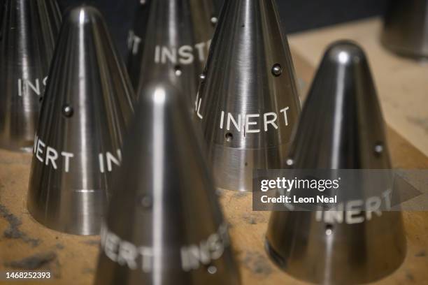 Inert fuses for dummy artillery shells are seen near a Van Halteren Technologies AS90 155mm self-propelled artillery system simulator during training...