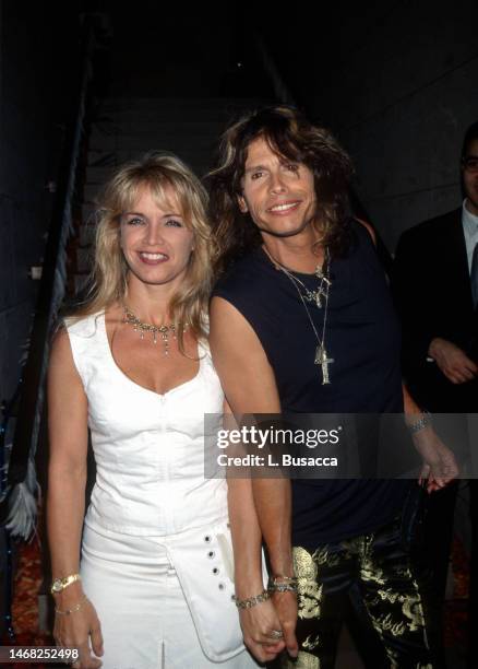 American singer Steven Tyler of American rock band Aerosmith with wife Teresa Barrick attend the 1999 MTV Video Music Awards party thrown by Virging...