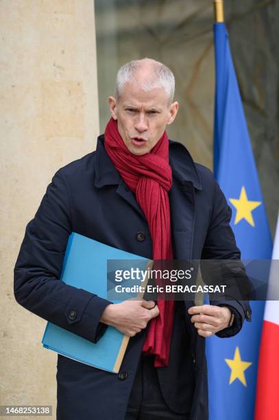 Franck Riester, ministre délégué chargé des relations avec le parlement à la sortie du conseil des ministres au Palais de l'Elysée le 15 février 2023...