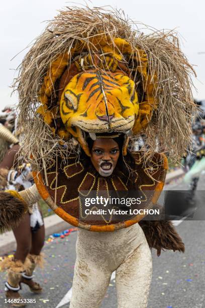 Jeune femme avec un déguisement lors du défilé des 150 ans du carnaval de Nice le 18 février 2023.