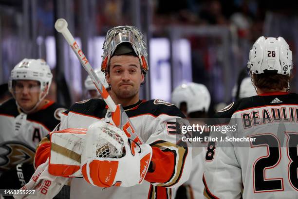 Goaltender John Gibson of the Anaheim Ducks gets his gear back on after a break in the action against the Florida Panthers at the FLA Live Arena on...