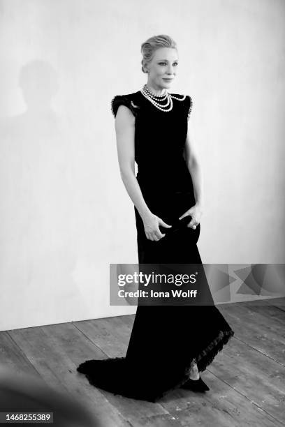 Cate Blanchett poses backstage during the 2023 EE BAFTA Film Awards, held at the Royal Festival Hall on February 19, 2023 in London, England.