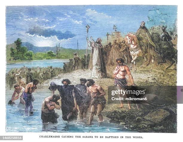old engraved illustration of charlemagne baptizes the saxons in the weser - charlmange stock pictures, royalty-free photos & images