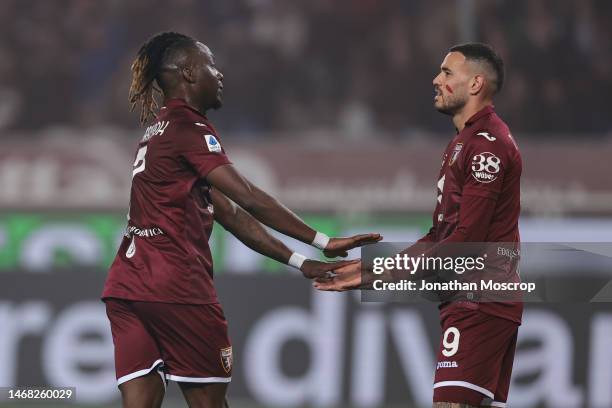 Yann Karamoh and Antonio Sanabria of Torino FC and during the Serie A match between Torino FC and US Cremonese at Stadio Olimpico di Torino on...