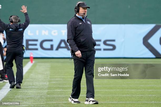 Head coach Bob Stoops of the Arlington Renegades walks on the field during the second half against the Vegas Vipers at Choctaw Stadium on February...