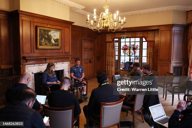 Owen Farrell of England talks to the media during the England Rugby media session at Pennyhill Park on February 21, 2023 in Bagshot, England.