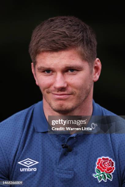 Owen Farrell of England talks to the media during the England Rugby media session at Pennyhill Park on February 21, 2023 in Bagshot, England.