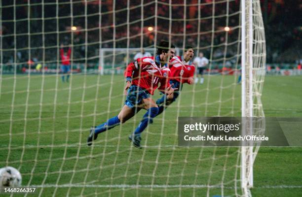 February 1998, London - International Football - England v Chile - Marcelo Salas of Chile celebrates after scoring from the penalty spot.