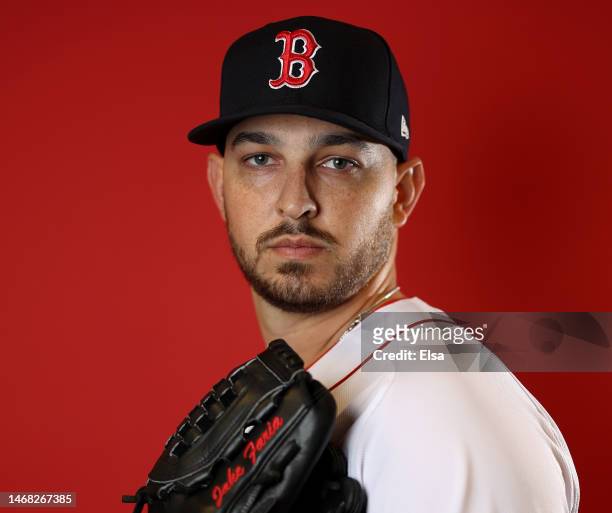 Jake Faria of the Boston Red Sox poses for a portrait during Boston Red Sox Photo Day at JetBlue Park at Fenway South on February 21, 2023 in Fort...