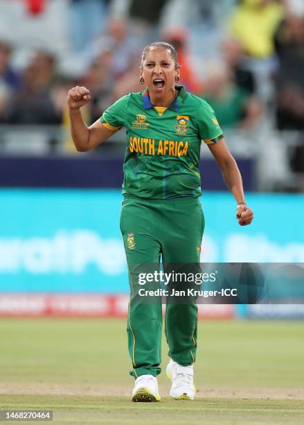 Shabnim Ismail of South Africa celebrates the wicket of Shamima Sultana of Bangladesh during the ICC Women's T20 World Cup group A match between...