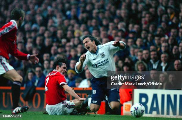 December 2020, London - FA Carling Premiership - Tottenham Hotspur v Manchester United - Gary Neville of Man Utd tackles David Ginola of Tottenham.