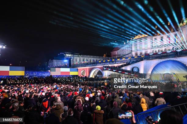 The US President, Joe Biden delivers a speech at the Royal Castle Arcades on February 21, 2023 in Warsaw, Poland. The US President is in Warsaw for...