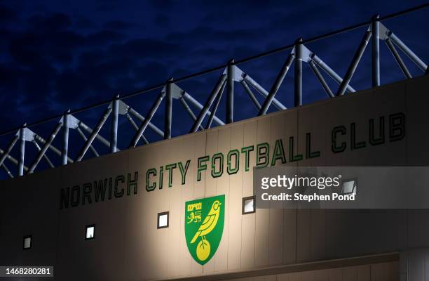 General view of the Norwich City signage and emblem on the outside of the stadium prior to the Sky Bet Championship match between Norwich City and...