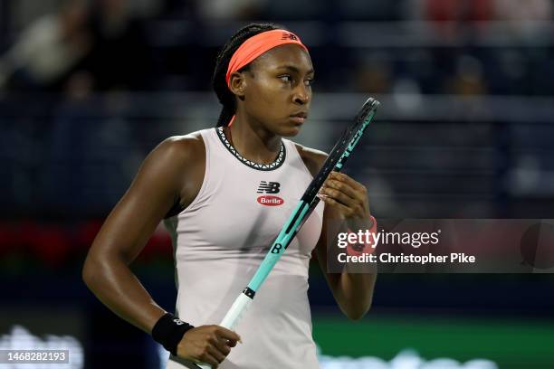 Coco Gauff of USA looks on Aliaksandra Sasnovicha during her women's singles match on day three of the Dubai Duty Free Tennis at Dubai Duty Free...