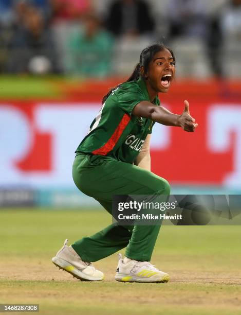 Marufa Akter of Bangladesh celebrates the wicket of Laura Wolvaardt of South Africa which is later given not out on review during the ICC Women's T20...