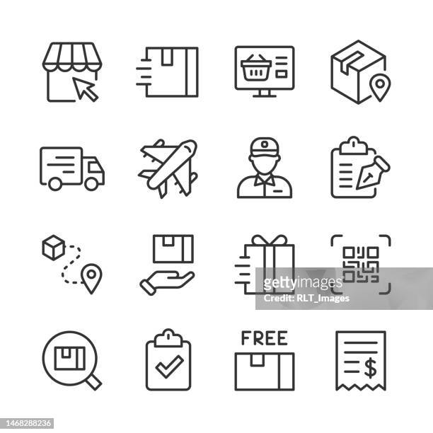 ilustraciones, imágenes clip art, dibujos animados e iconos de stock de iconos de entrega — serie monoline - free shipping
