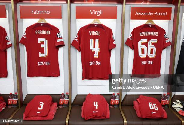 The shirts of Fabinho, Virgil van Dijk and Trent Alexander-Arnold of Liverpool are displayed inside the dressing room prior to the UEFA Champions...