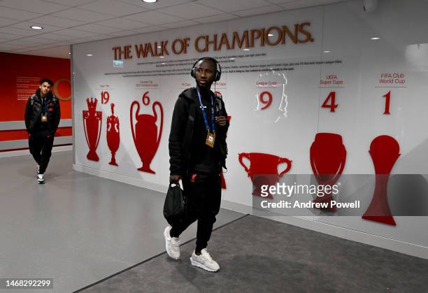 Naby Keita of Liverpool arriving before the UEFA Champions League round of 16 leg one match between Liverpool FC and Real Madrid at Anfield on...