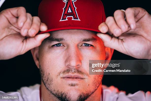 Mike Trout of the Los Angeles Angels poses during Photo Day at Tempe Diablo Stadium on February 21, 2023 in Tempe, Arizona.