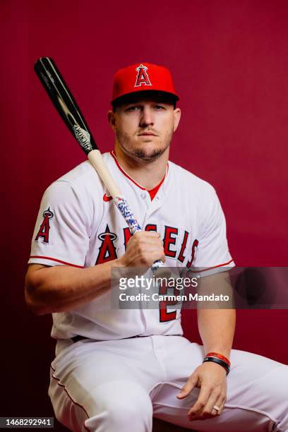 Mike Trout of the Los Angeles Angels poses during Photo Day at Tempe Diablo Stadium on February 21, 2023 in Tempe, Arizona.