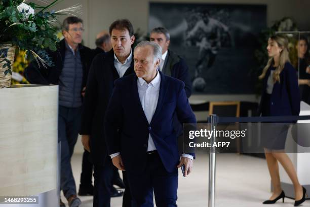 Miguel Pardeza and Rafael Martin Vazquez attend the funeral chapel of Amancio Amaro, ex football player of Real Madrid, at Santiago Bernabeu stadium...