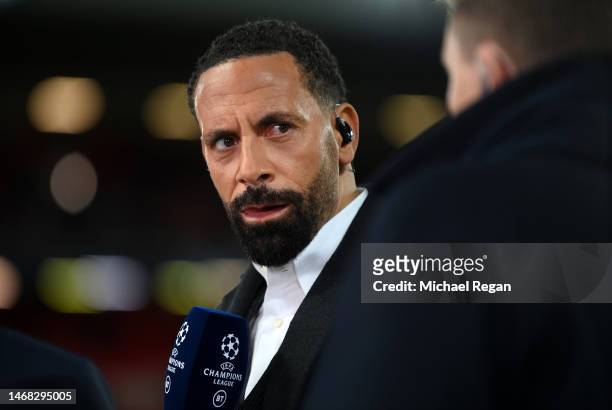 Rio Ferdinand, Former Footballer, presents on BT Sport prior to the UEFA Champions League round of 16 leg one match between Liverpool FC and Real...