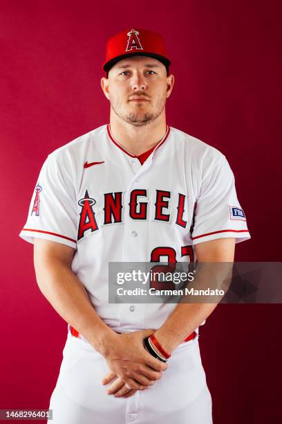 Mike Trout of the Los Angeles Angels poses during Photo Day at Tempe Diablo Stadium on February 21, 2023 in Tempe, Arizona.