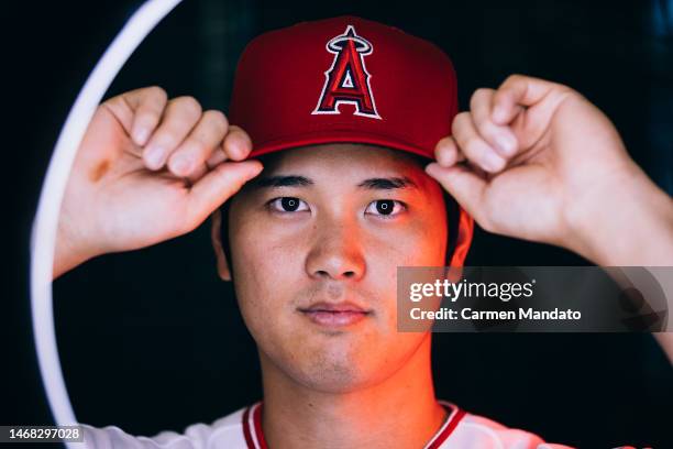 Shohei Ohtani of the Los Angeles Angels poses during Photo Day at Tempe Diablo Stadium on February 21, 2023 in Tempe, Arizona.