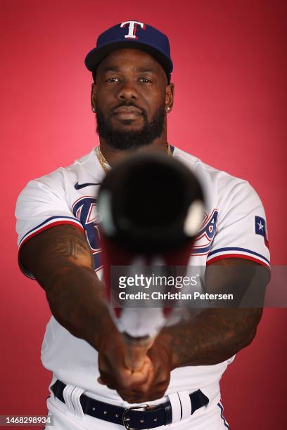 Adolis Garcia of the Texas Rangers poses for a portrait during media day at Surprise Stadium on February 21, 2023 in Surprise, Arizona.