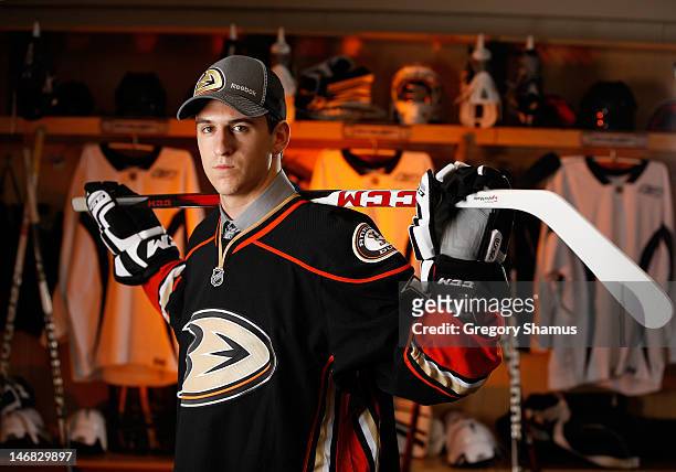 Nicolas Kerdiles, 36th overall pick by the Anaheim Ducks, poses for a portrait during the 2012 NHL Entry Draft at Consol Energy Center on June 23,...