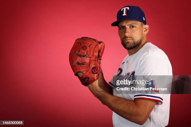 Pitcher Nathan Eovaldi of the Texas Rangers poses for a portrait during media day at Surprise Stadium on February 21, 2023 in Surprise, Arizona.
