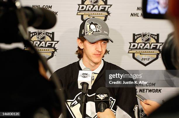 Matthew Murray pick 83rd overall pick by the Pittsburgh Penguins, speaks to media during day two of the 2012 NHL Entry Draft at Consol Energy Center...