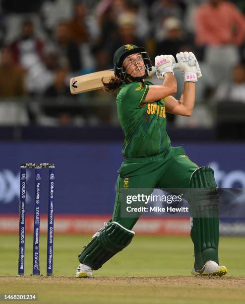 Tazmin Brits of South Africa plays a shot during the ICC Women's T20 World Cup group A match between South Africa and Bangladesh at Newlands Stadium...