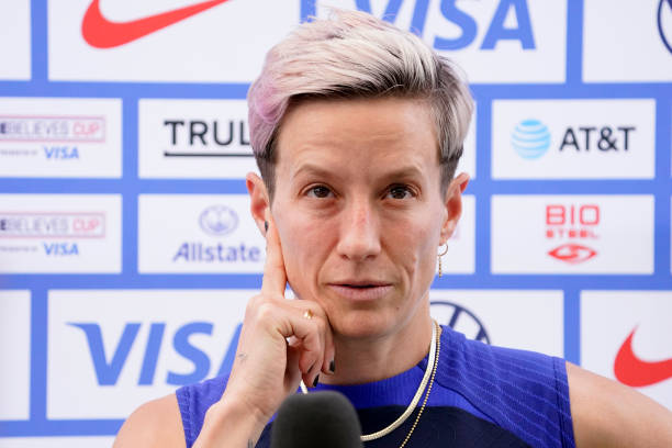 Megan Rapinoe of the United States takes questions from the media ahead of a training session at the 2023 SheBelieves Cup at Toyota Stadium on...