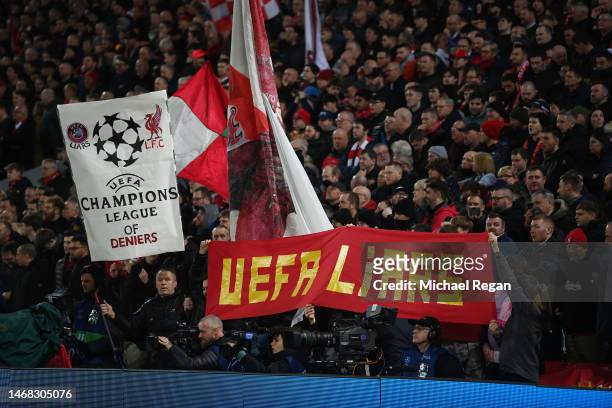 General view as fans of Liverpool in the Kop End hold banners which read "Champions League of Deniers" and "UEFA Liars" prior to the UEFA Champions...