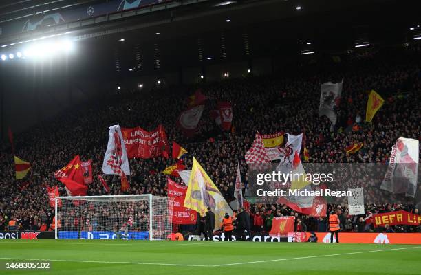 General view of the Kop End as fans of Liverpool wave flags and banners prior to the UEFA Champions League round of 16 leg one match between...