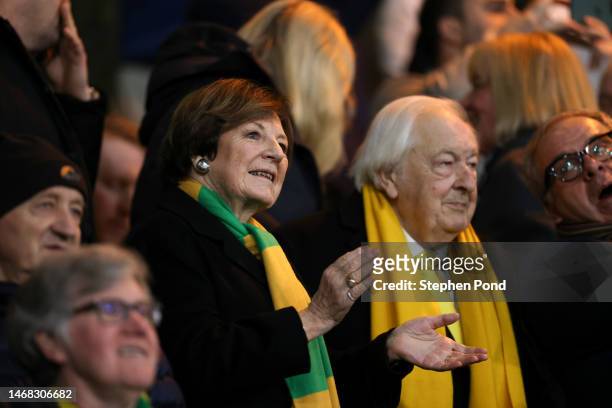 Delia Smith, Joint Majority Shareholder of Norwich City, applauds as Michael Wynn Jones, Joint Majority Shareholder of Norwich City, looks on prior...