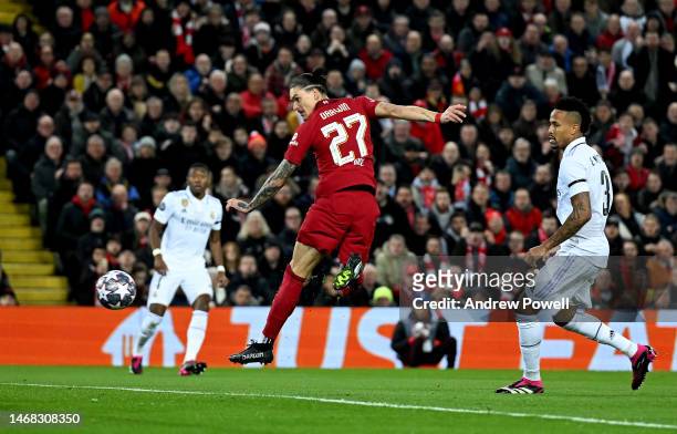 Darwin Nunez of Liverpool scoring the opening goal during the UEFA Champions League round of 16 leg one match between Liverpool FC and Real Madrid at...
