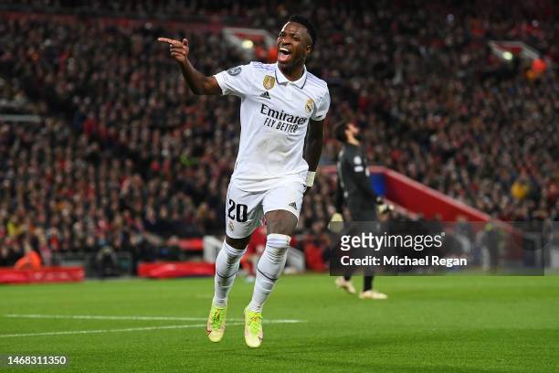 Vinicius Junior of Real Madrid celebrates after scoring the team's second goal during the UEFA Champions League round of 16 leg one match between...