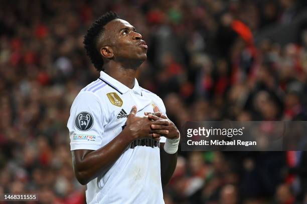 Vinicius Junior of Real Madrid celebrates after scoring the team's second goal during the UEFA Champions League round of 16 leg one match between...