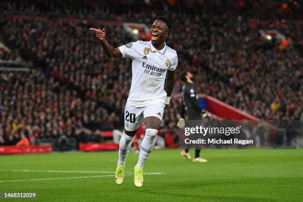 Vinicius Junior of Real Madrid celebrates after scoring the team's second goal during the UEFA Champions League round of 16 leg one match between...