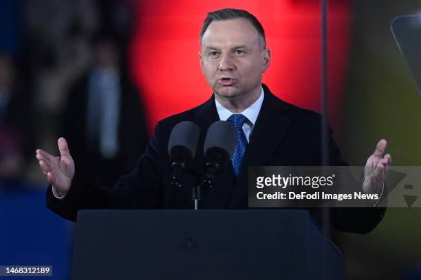 Warsaw, Poland, : Poland's President Andrzej Duda is speaking during Visits Warsaw US President Joe Biden on February 21, 2023 in Warsaw, Poland. The...