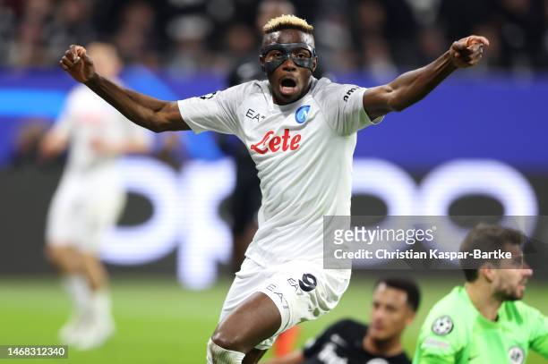 Victor Osimhen of SSC Napoli celebrates after scoring a goal, which is later ruled out following a VAR Review, during the UEFA Champions League round...