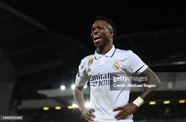 Vinicius Junior of Real Madrid celebrates after scoring the team's second goal during the UEFA Champions League round of 16 leg one match between...