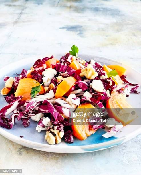 radicchio salad with persimmon, blue cheese, and walnuts on multicolored background - low depth of field photos et images de collection