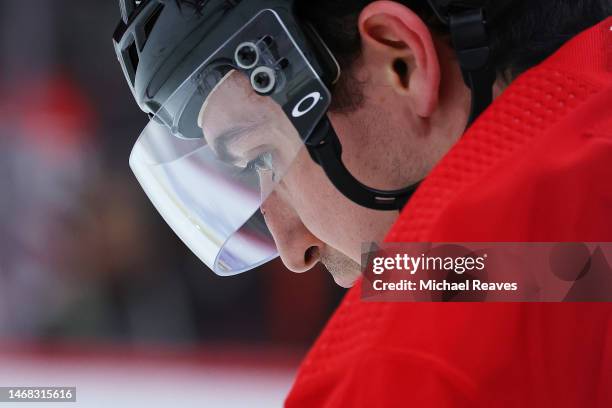 Brett Seney of the Chicago Blackhawks looks on prior to the game against the Calgary Flames at United Center on January 08, 2023 in Chicago, Illinois.