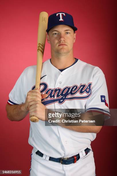 Josh Jung of the Texas Rangers poses for a portrait during media day at Surprise Stadium on February 21, 2023 in Surprise, Arizona.