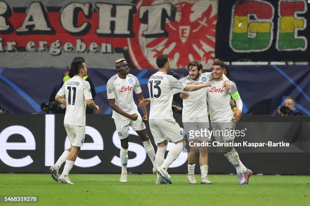 Giovanni Di Lorenzo of SSC Napoli celebrates after scoring the team's second goal with teammates during the UEFA Champions League round of 16 leg one...