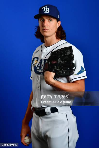 Tyler Glasnow of the Tampa Bay Rays poses during the 2023 Tampa Bay Rays Photo Day at ESPN Wide World of Sports Complex on February 19, 2023 in Lake...
