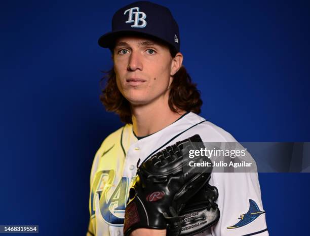 Tyler Glasnow of the Tampa Bay Rays poses during the 2023 Tampa Bay Rays Photo Day at ESPN Wide World of Sports Complex on February 19, 2023 in Lake...